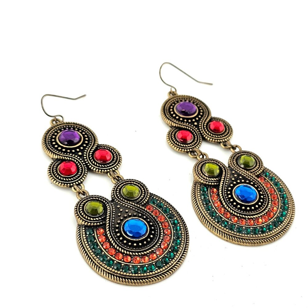 Boho Multicolor Rhinestone Drop Earrings Antique Gold Statement - Picture 5 of 7